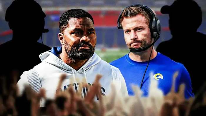 New England Patriots coach Jerod Mayo (left) and Los Angeles Rams' Sean McVay (right).